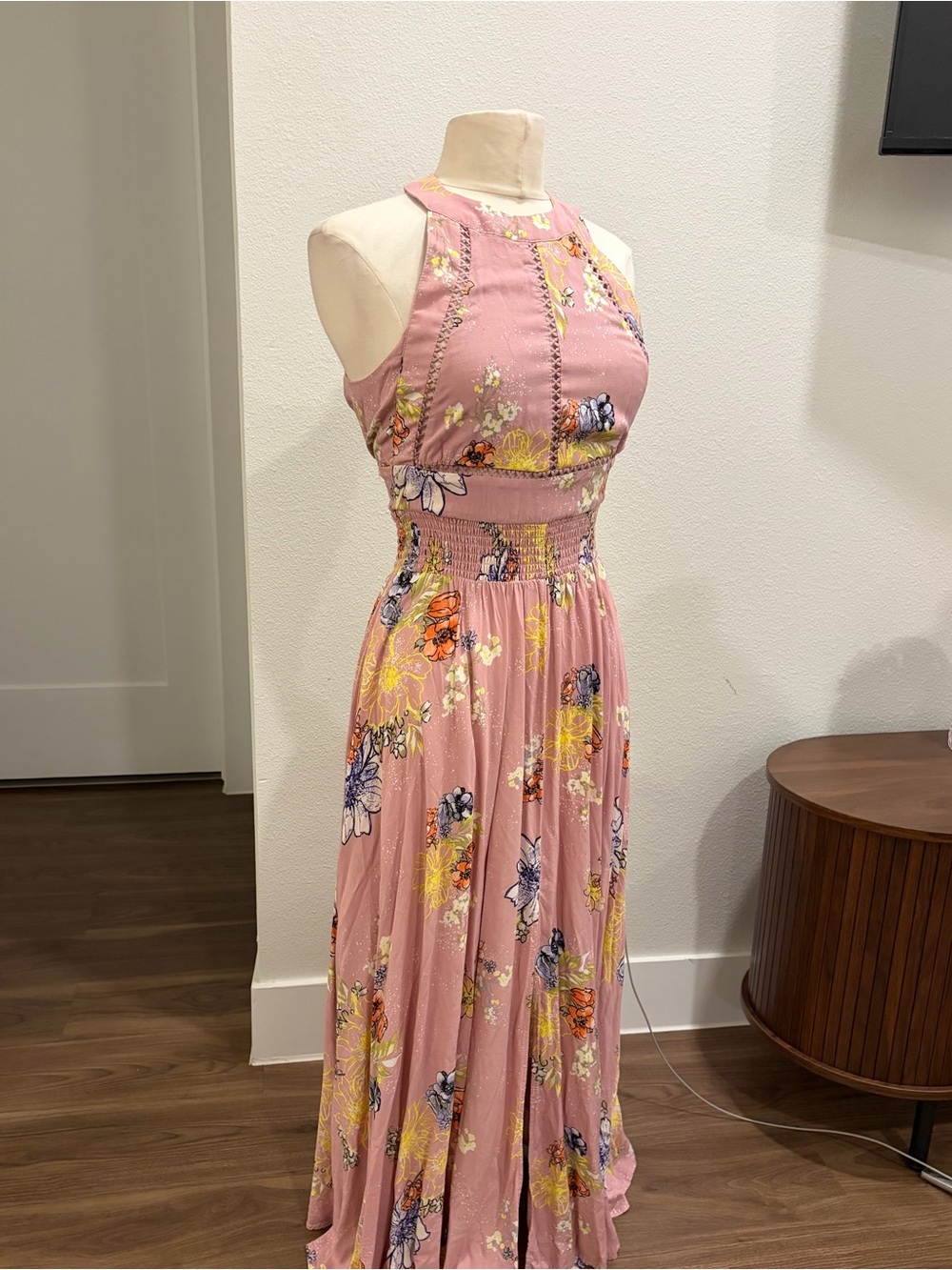 Women's Pink Floral Halter Maxi Dress